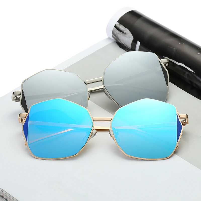 Mirror Coating Pink Sunglasses With Box Polygon Shape Oculos Metal