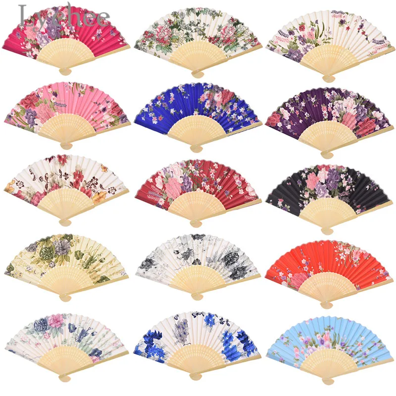 

Lychee Japanese Style Floral Hand Fan Multicolor Flower Printed Folding Fan Wedding Dancing Crafts Fan