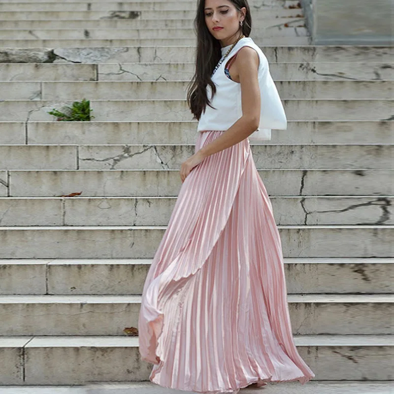 Saias para Mulheres Made a Linha de Cetim Long a Linha para Adultos do Sexo Moda Zíper Custom Plissado Pretty Pink Feminino Maxi Saia 2020 6 High Quality Moda Feminina