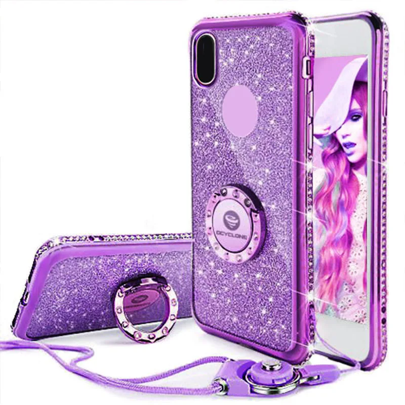  For IPhone 7 Case Ring Purple Bling Cover For Iphone X 6 6s 7 plus Diamond Case I8 Glitter Cover Fo