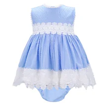 Детские синие платья, комплект для девочек, платье в испанском стиле с белым кружевом, лето, платья принцессы для малышей, сарафан для малышей