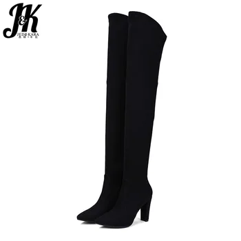 

JK 2018 Fashion Lady Over Knee Boot Woman High Heels Shoes Thigh High Boot Zip Pointy Female Footwear Winter Big Size