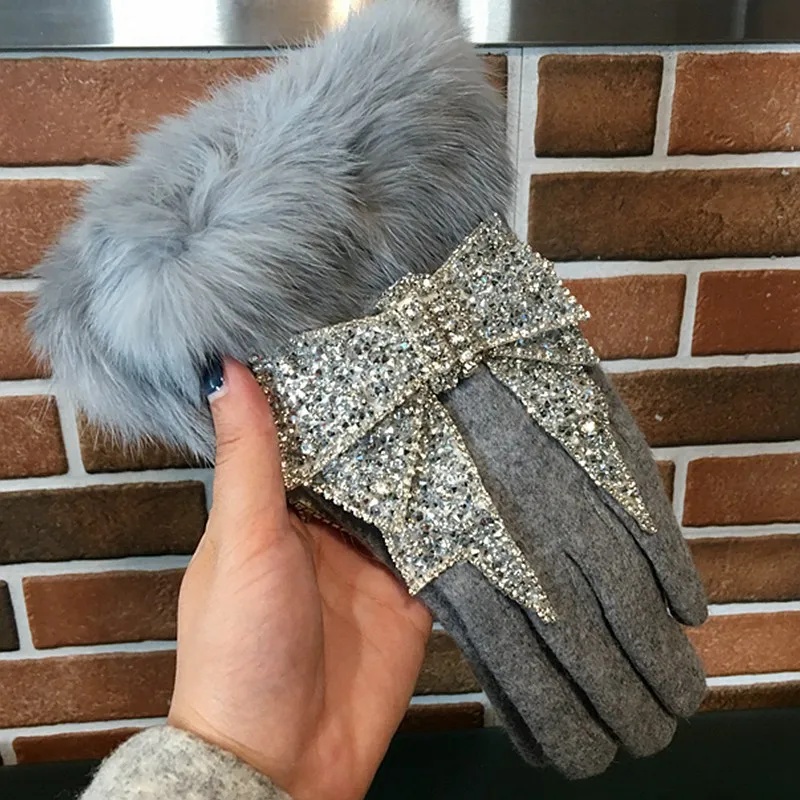 Женские зимние перчатки с сенсорным экраном роскошные стразы с бантом меховые перчатки женские рукавицы из кашемира двойные теплые перчатки Luva femme - Цвет: Серый