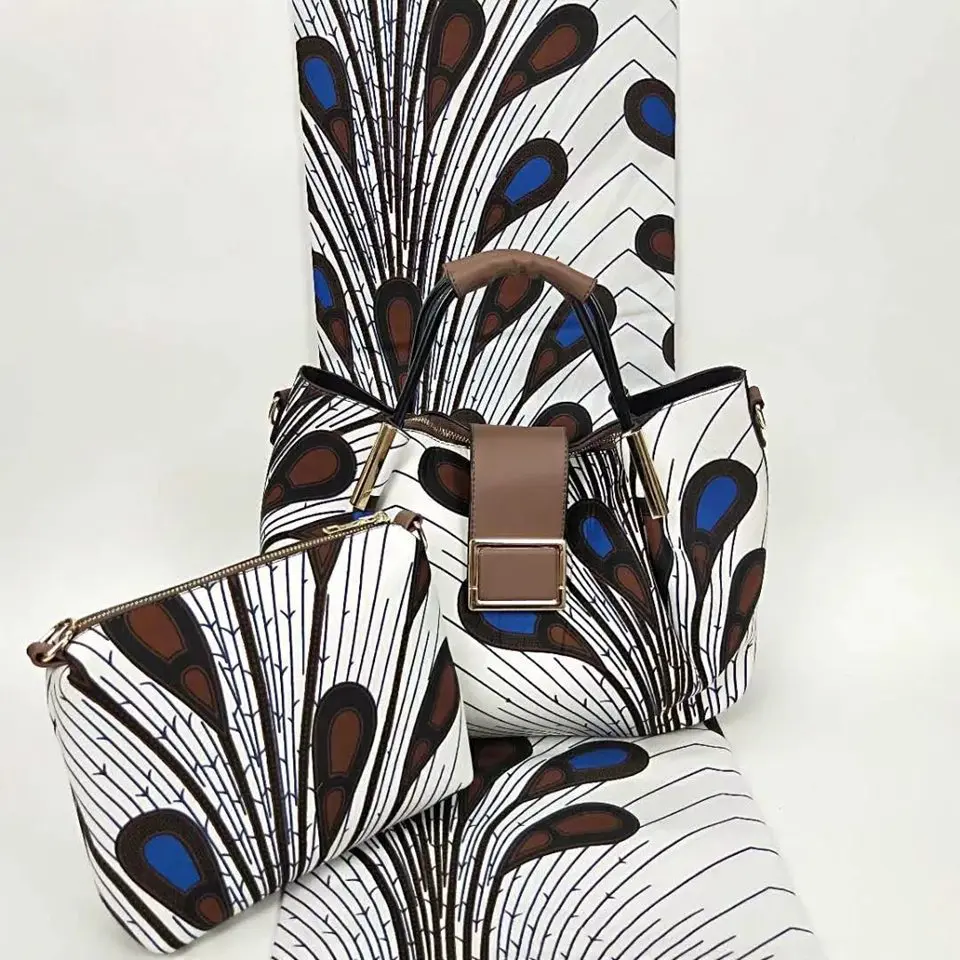 

3pc Set White Ankara African Print HandBag set, African Tote bag set And Watching 6yards African wax fabric For wedding YBGB-22