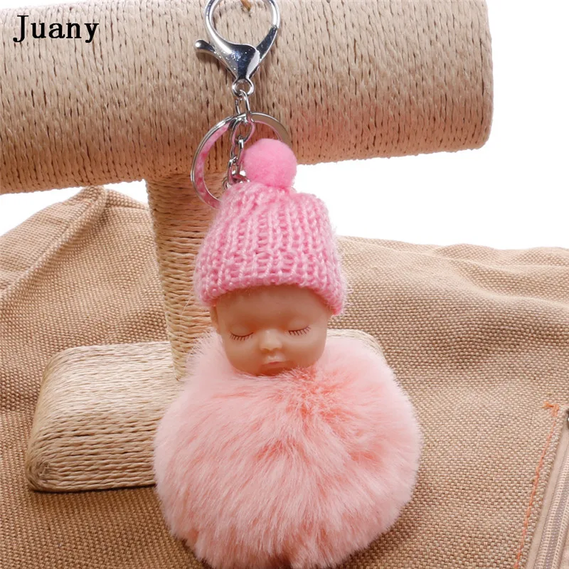 pompom key chain sleeping baby doll key chain pompom rabbit fur ball keychain car keyring women bag car pendant charm 11