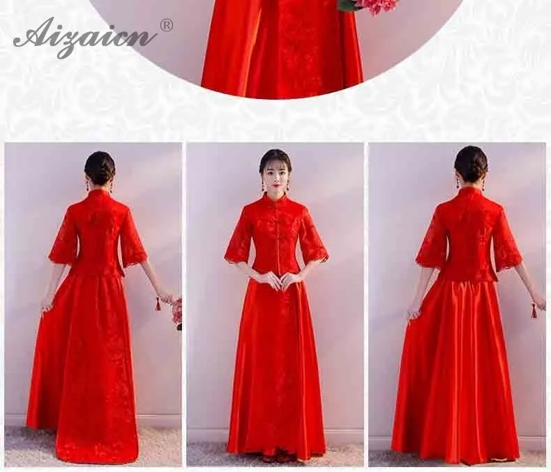 Летнее женское Китайский традиционный свадебный платье Qipao красное свадебное кружевное платье с вышивкой Cheongsam длинное платье ориентированное стильное платье