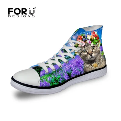 FORUDESIGNS/прогулочная обувь для студенток; парусиновая обувь на шнуровке с принтом кота и цветов; женская обувь на плоской подошве; Chaussure Mujer - Цвет: CA4701AK