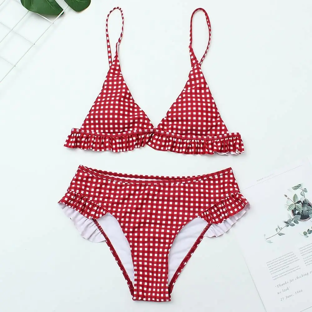 

2 Pieces Ruffled High Waist Deep V Plaid Push Up Triangle Bikini Swimsuit Set For Women