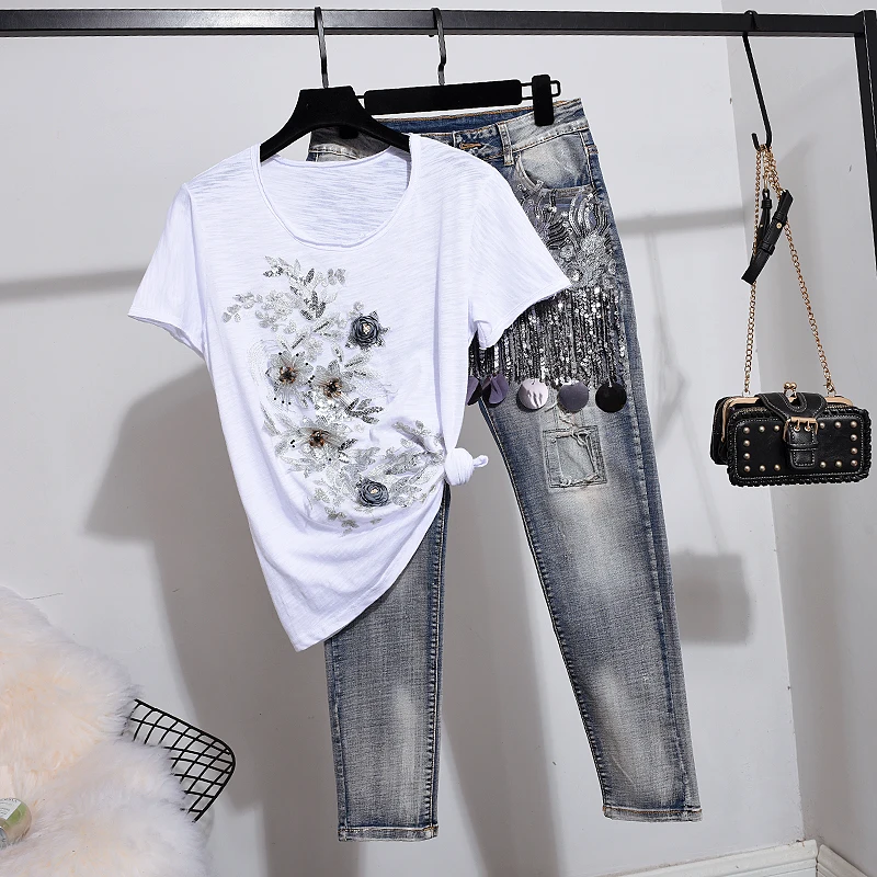

New Women Pants Suit Casual T-shirt + Pants Lady Clothing Female Suit Summer Ladies Sequins Two-piece Clothing Fower Set
