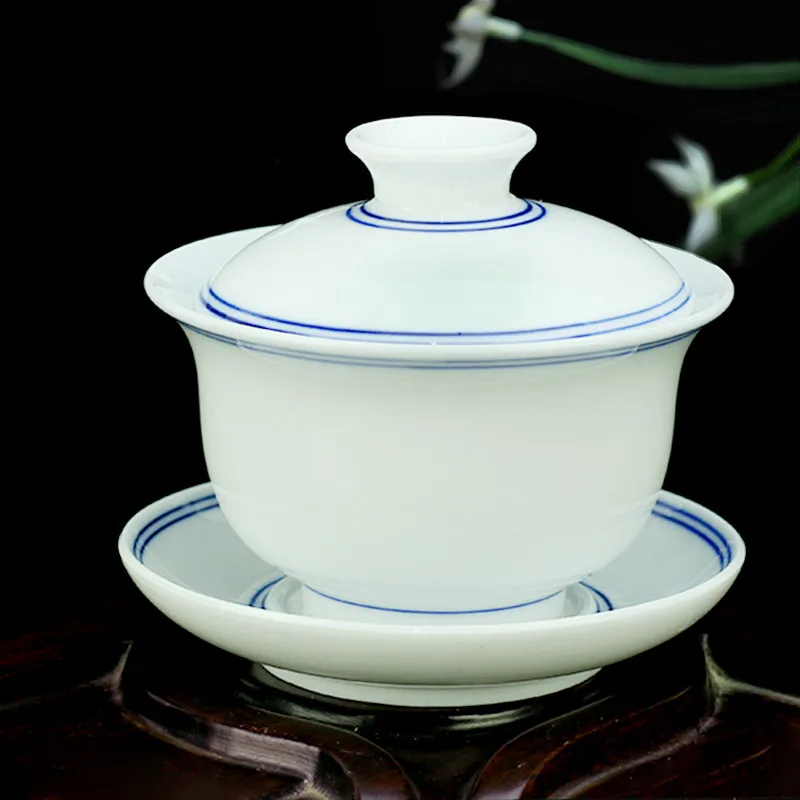 Chinese Gaiwan Tea Set Kung Fu White Ceramic Gaiwan Blue and white
