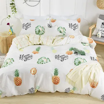 

Pure Cotton 4pcs Bed Sets Bed Duvet Cover Bed Sheet Pillowcase Fruit Garden Pineapple Leaves Flower Yellow Dark Pig