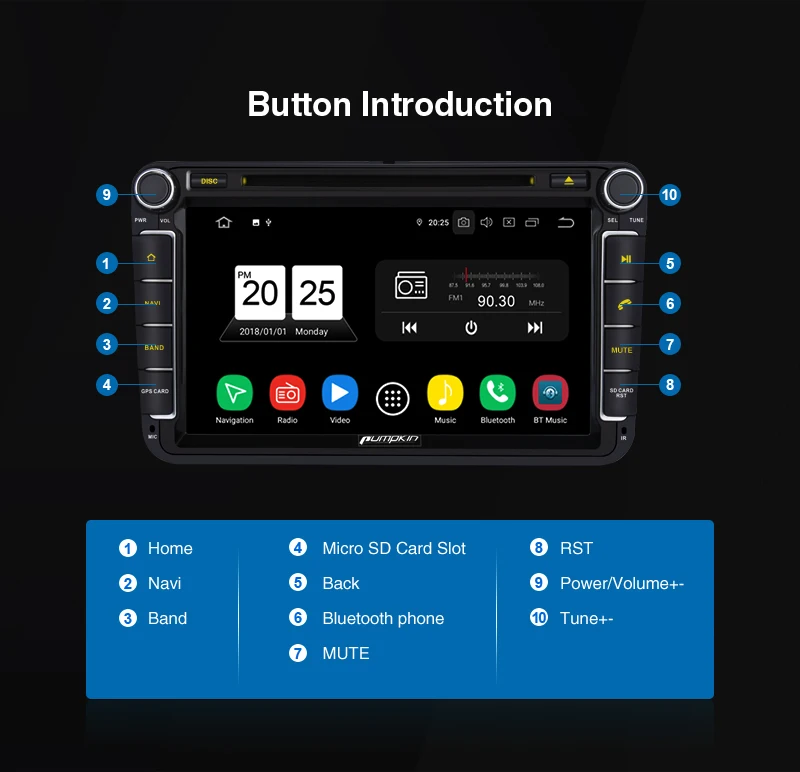 Discount Pumpkin Android 9.0 GPS Autoradio Stereo For Volkswagen/Golf/Skoda 2 Din 8" Car Multimedia Player 4GB RAM 32GB ROM Wifi OBD2 DAB 20
