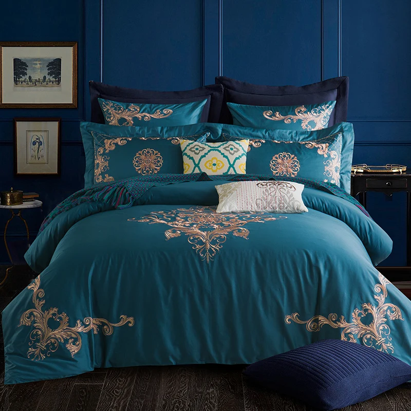 

Hot Embroidered Luxury Royal Bedding Set 60S Egyptian Cotton Silky 4/6pcs King Queen Size Boho Bed Set Duvet Cover Bed sheet set