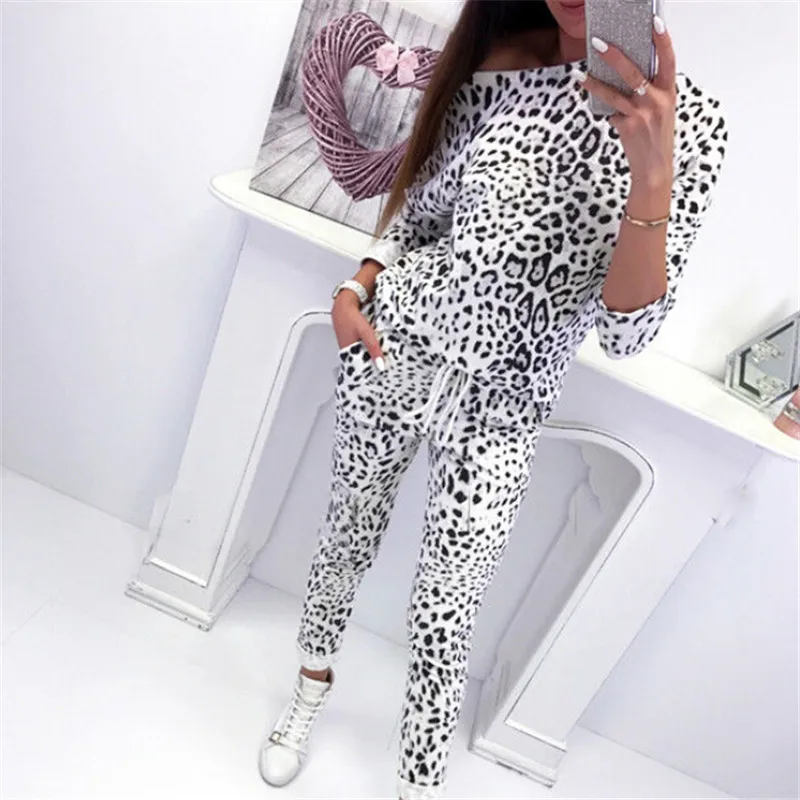

Fashion Women 2Pcs Tracksuit Long Sleeve Camouflage/Leopard Printed Hoodies Sweatshirt High Waisted Pants Sets Lady Casual Suits