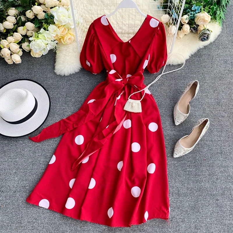 

2019 summer new women's peter pan collar short sleeve lace-up high waist fairy dress female elegant big dot slim chiffon dresses