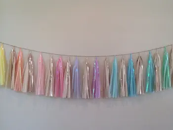 

DIY 10ft of 20 Tassels PASTEL Garland ( 60sheets) mixed blue mint green pale yellow Peach iridescent Garland tassel. CH004