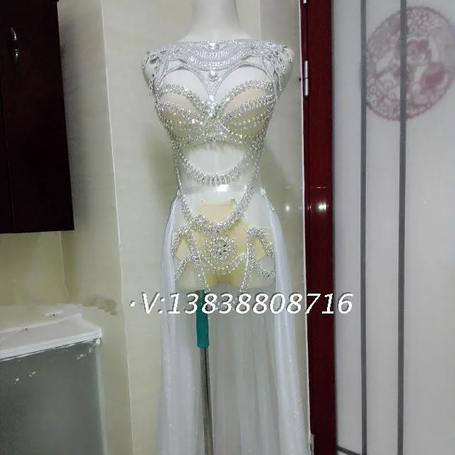 

Nightclub Female Singer Gold Silver Sexy diamond Long trailing costumes set Party show stage performance dress