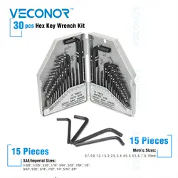 Veconor 30pcs hex key wrench set 15 pcs SAE imperial size & 15 pcs metric size CrV steel