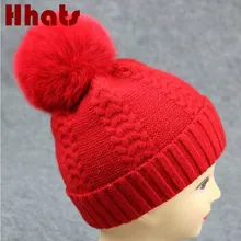 Зимняя шерстяная шапка для девочек, большая шапка из натурального Лисьего меха для женщин, Толстая теплая женская вязаная шапка skullies beanies, Прямая