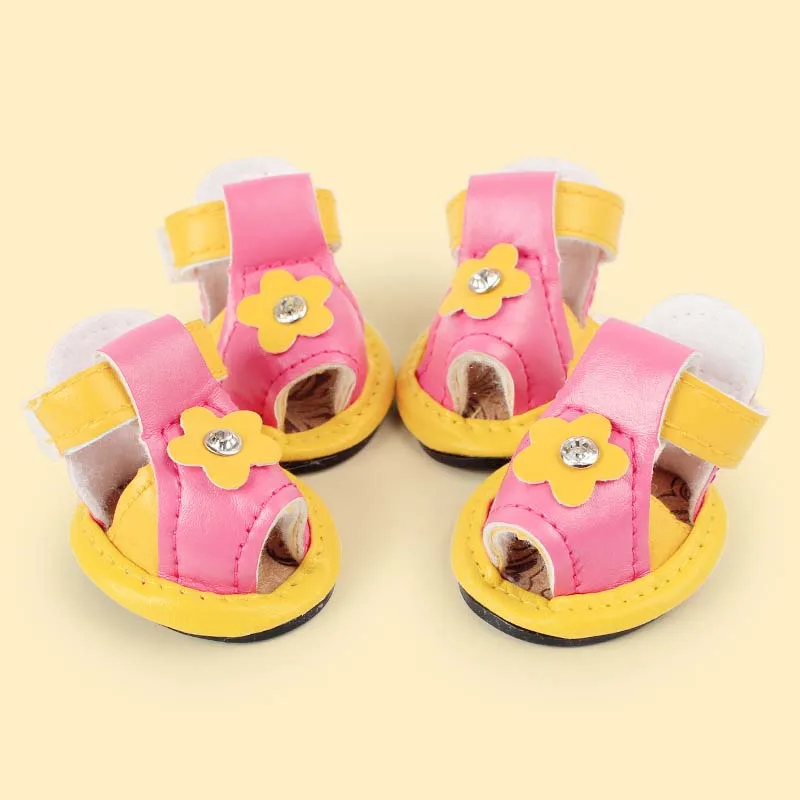 SYDZSW Petshop Dog Shoes Pet Candy Color PU Leather Boots Protective for Small Dogs Chihuahua One Diamond Sandal Dog Products6