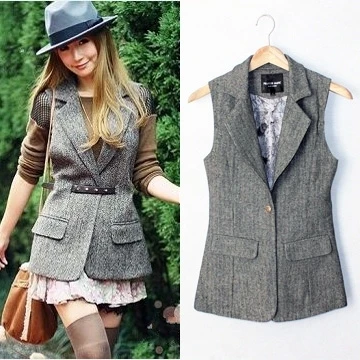 British Style Plus Size Autumn and Spring Slim Woolen Suit Vest Women Herringbone Waistcoat