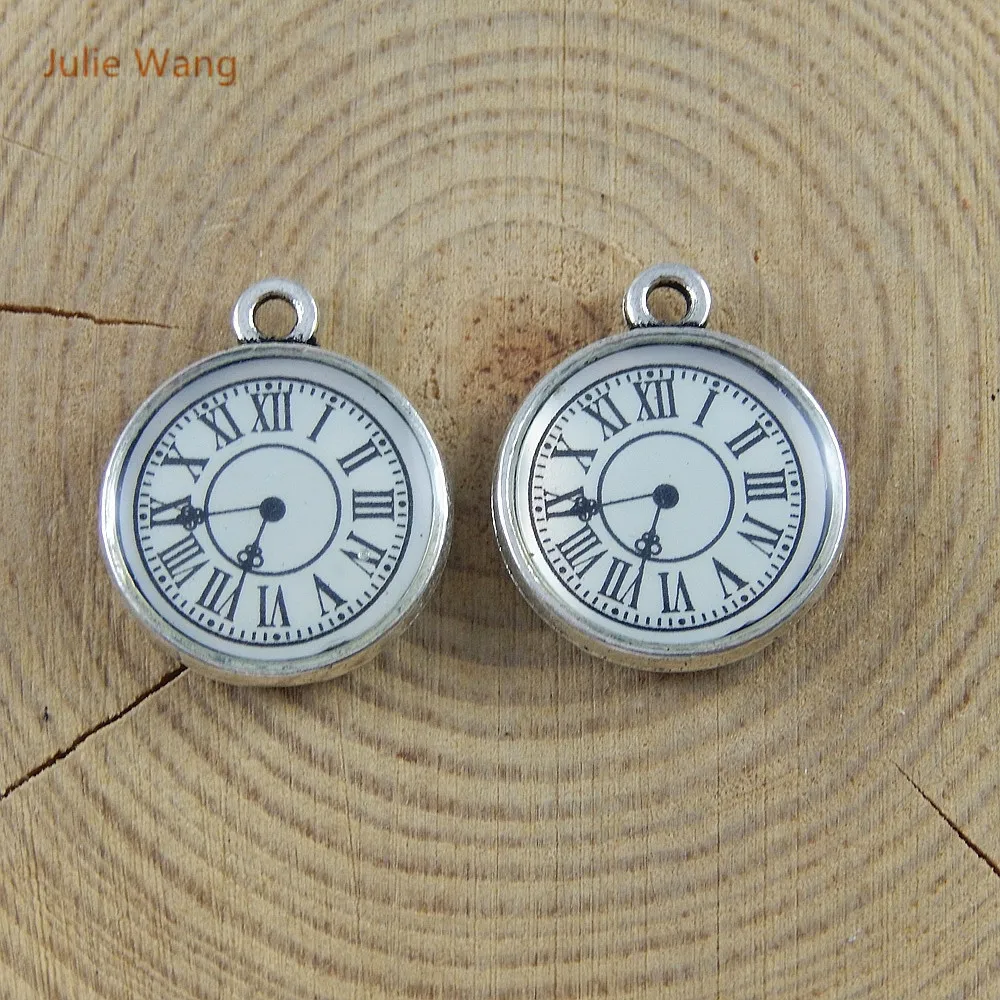 Julie Wang 10PCS Antique Silver Color Alloy Single Face Clocks Charms Pendants Jewelry Accessory Suspension Necklace 51665