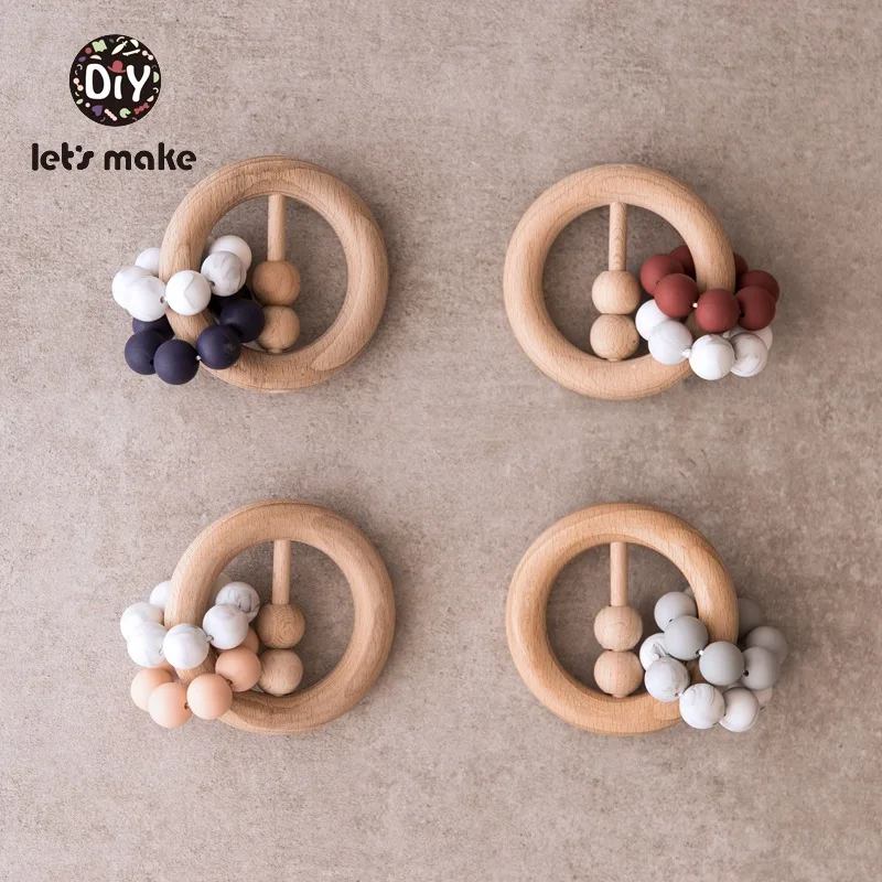 

Let's Make 1pc Wood Rattle Bpa Free Silicone Beads Food Grade Ring Teething Toy For Teeth Beech Wooden Baby Teether Baby Rattles