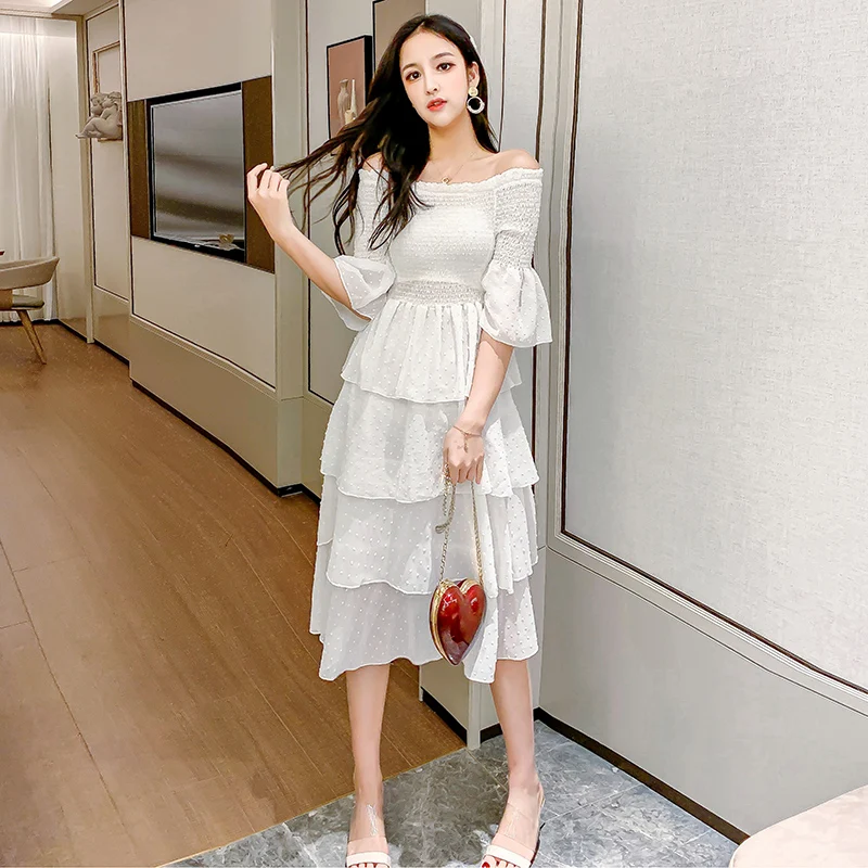 

New Summer Women Long dress Chiffon Slim Gentle Fairy Over-the-knee Tide Dresses White 3531