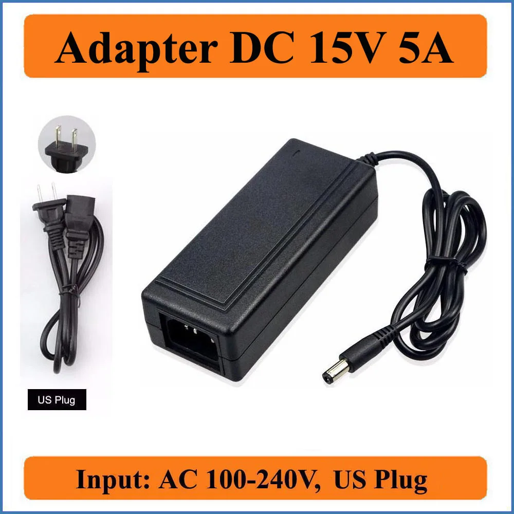 AC 100V-240V Converter Adapter DC 15V 5A 75W Power Supply Charger DC 5.5mm Cord 