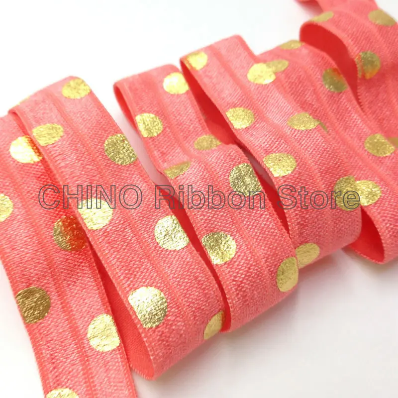 

10 Yards 5/8" Coral Polka Dot Print Fold Over Elastic Gold Foil Dot FOE Elastic Hair Tie Ribbon for DIY Headwear Hair Accessory