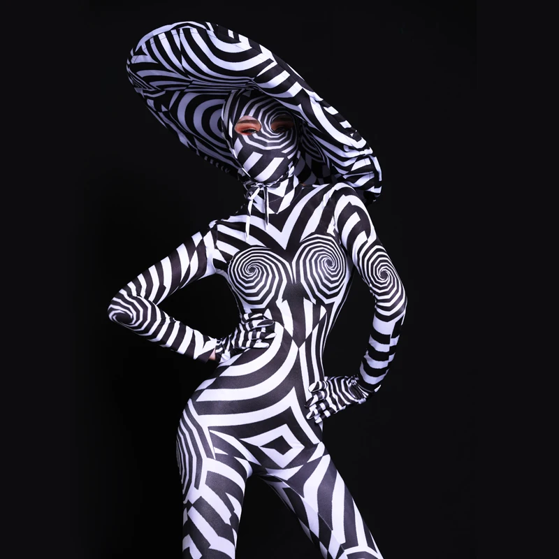 

new sexy woman bar ds jumpsuit costumes sexy club DJ singer GOGO party shows black and white zebra 3d print clothing for woman