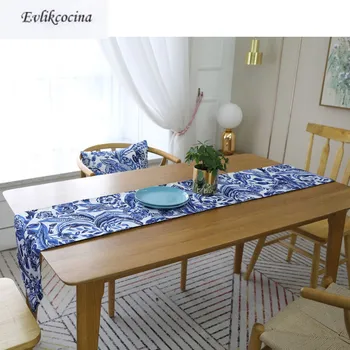 

Free Shipping Chinese Style Blue Flowers Table Runner Decoracion Mesa Hogar Cotton Linen Chemin De Table Tafelloper For Party