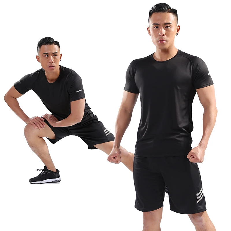 

Training Set Men Summer Breathable Solid Color Sportsman Wear Running Suit Basketball Soccer T-shirt +Shorts M-4XL Fitness Mens