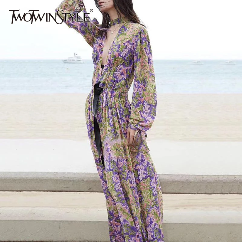 

TWOTWINSTYLE Lace Up Print Dress Women Streetwear V Neck High Waist Long Sleeve Midi Dresses Female Spring Fashion 2019 Tide