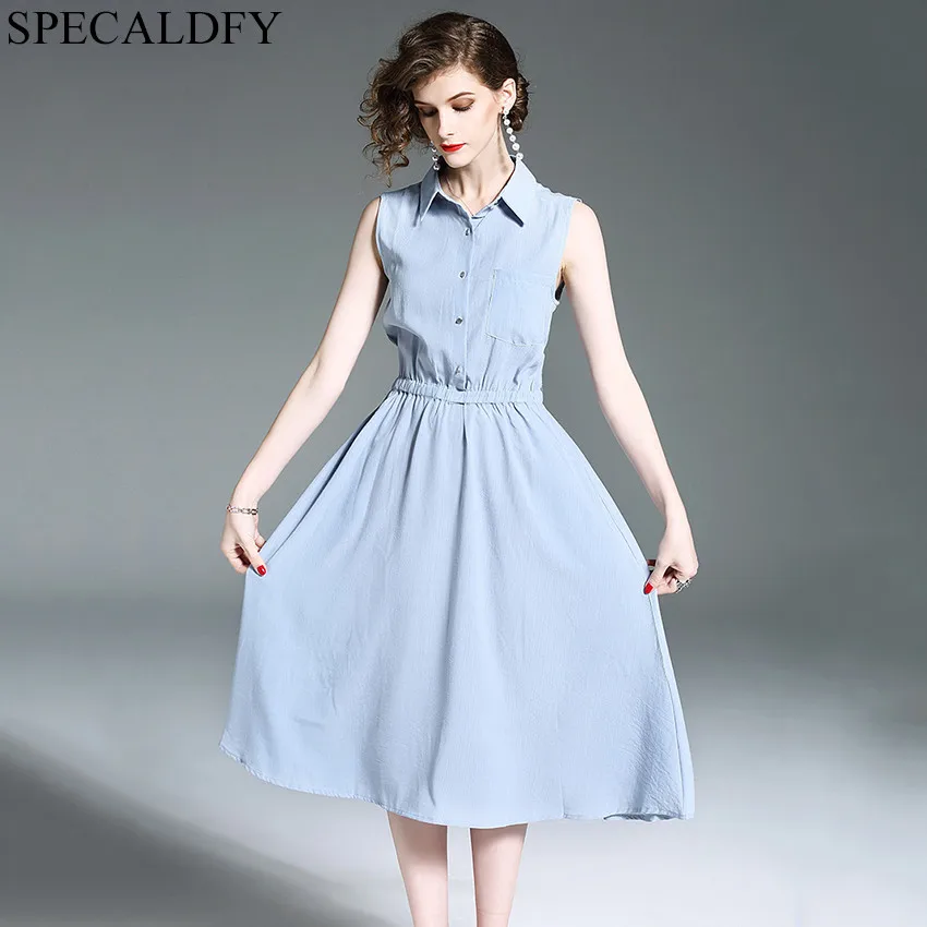 Summer Shirt Dress Women Sleeveless Turn Down Collar Solid Casual Midi
