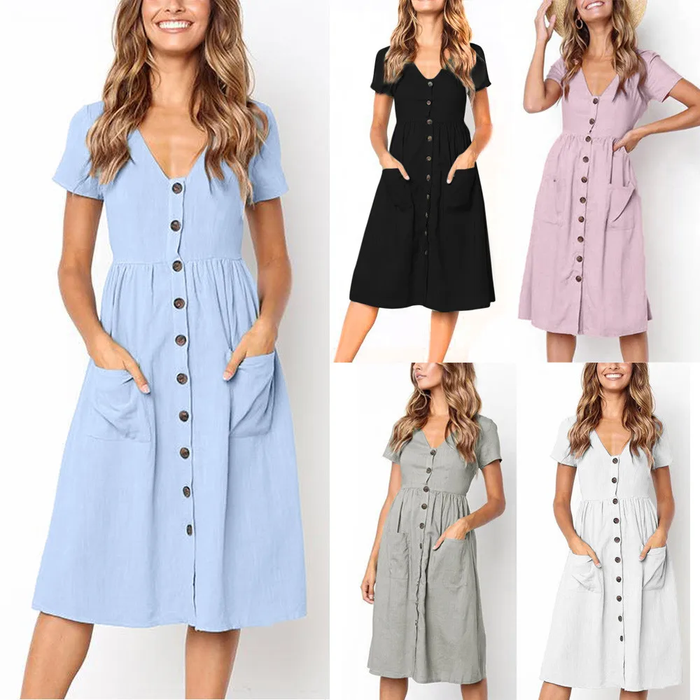 Womens Party Dress Holiday Summer Dress Women Beach Solid short Sleeve Buttons Party Dress