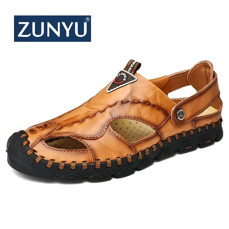 Zunyu New Men Casual Leather Sandals Outdoor Summer Handmade Beach ...