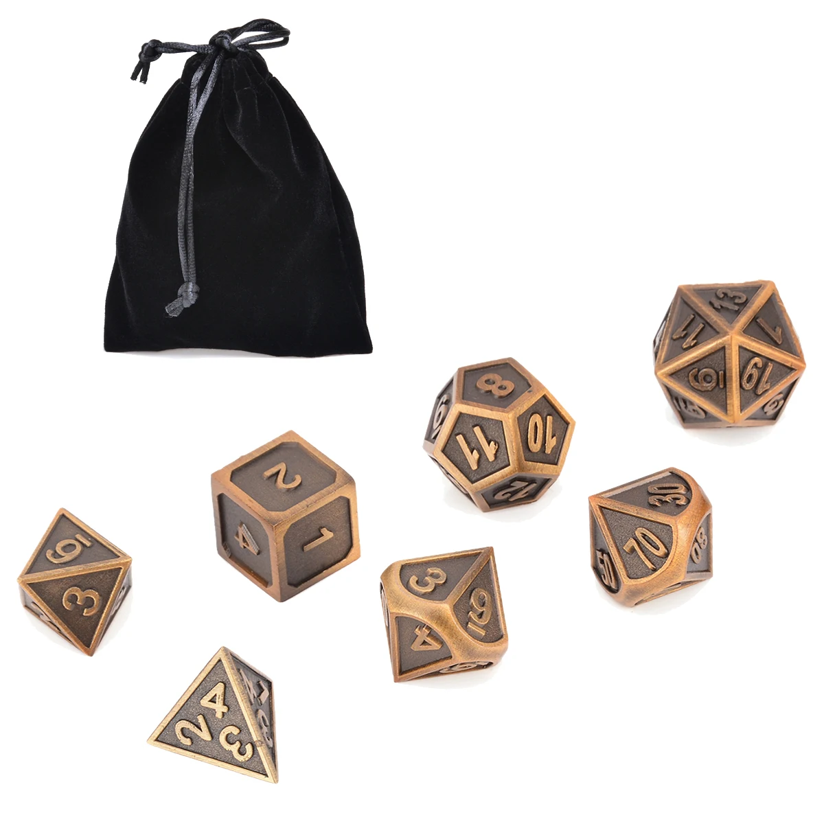 

7x Alloy Polyhedral Ancient Gold Embossed Heavy Dice With Bag For Interesting Dungeons & Dragons RPG Role Play MTG Desktop Games