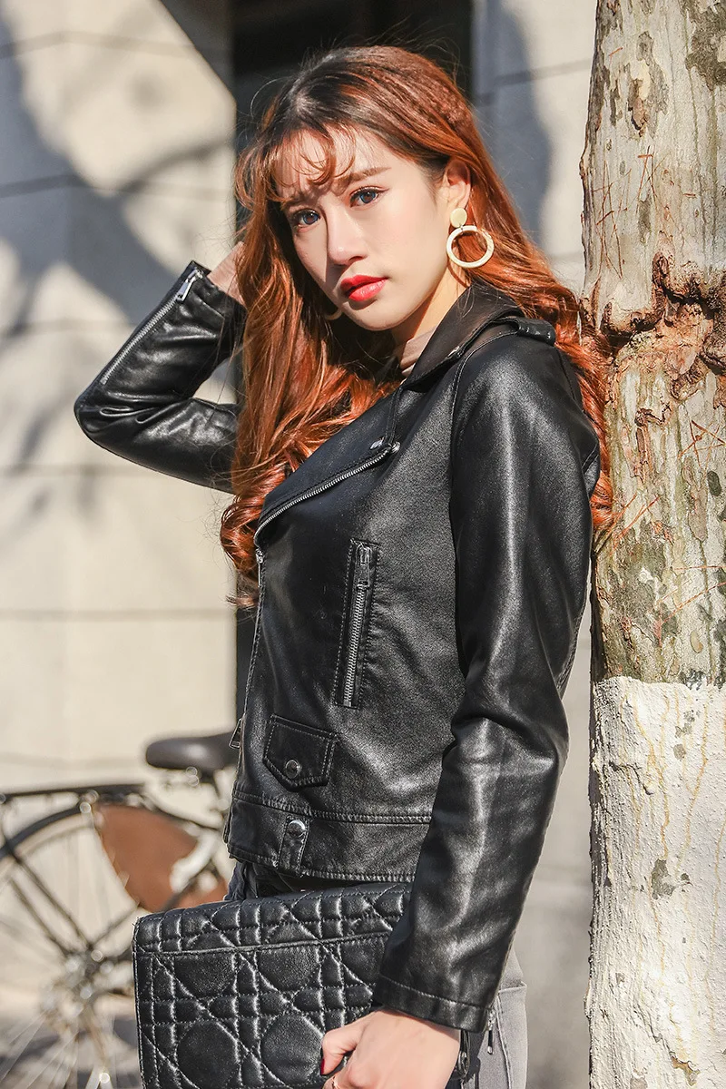 Autumn new  SLP women's motorcycle leather women's short paragraph star with the same paragraph PU leather XL ladies jacket