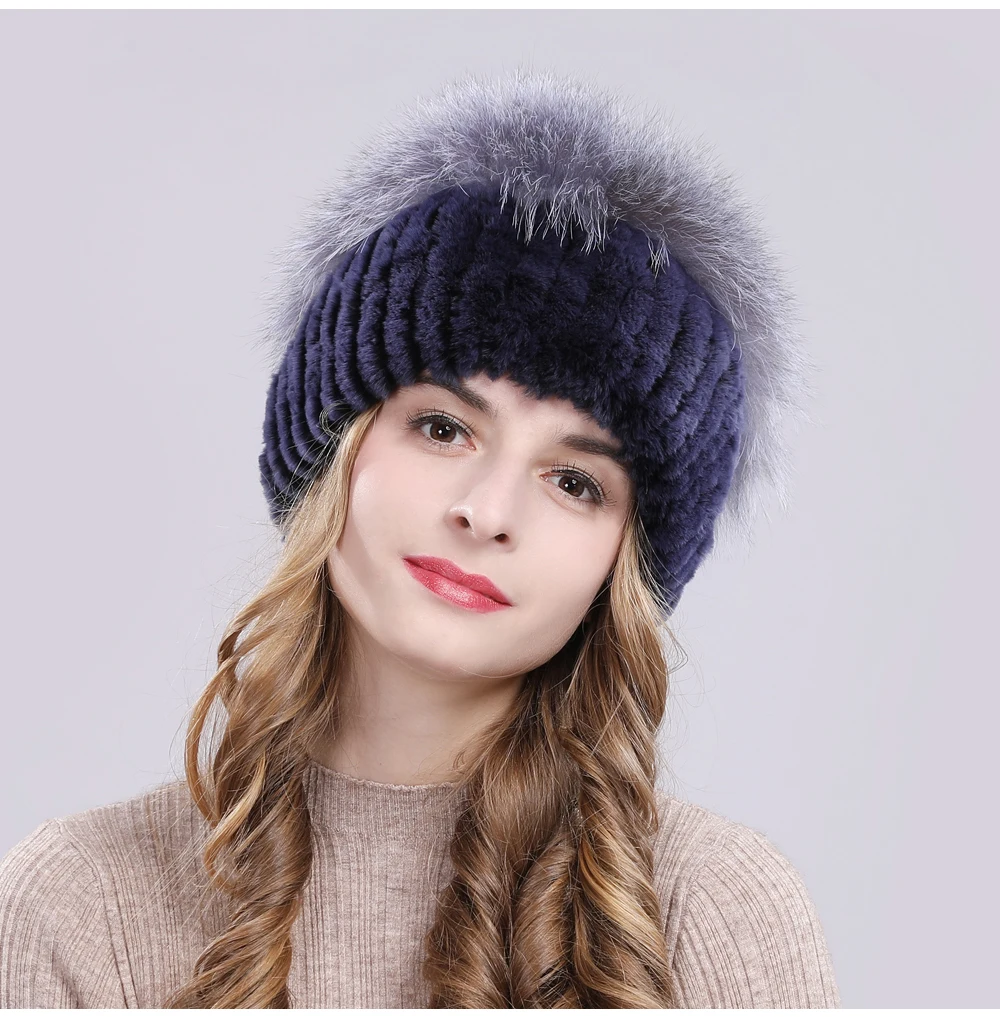 Outdoor Women Warm Soft Genuine Rex Rabbit Fur Hat Knitted Natural Real Sliver Fox Fur Caps Winter Real Rabbit Fur Beanies Hats