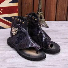 CH. КВОК Весна-осень флип-флоп сандалии в римском стиле с открытым носком с заклепками Ботильоны на молнии Сандалии Сапоги для черный цвет, для мужчин босоножки из натуральной кожи