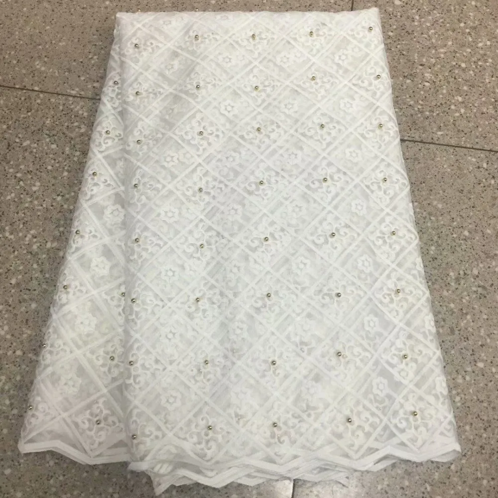 

Beautifical tulle mesh lace french lace fabric white lace fabrics with beads for dress 2018 latest flower style