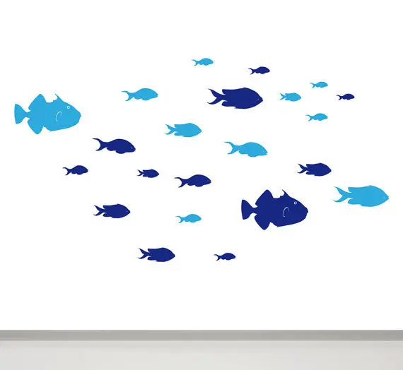 Fish Wall Decal Set of 24 Fish Stickers in two colors Kids Bathroom