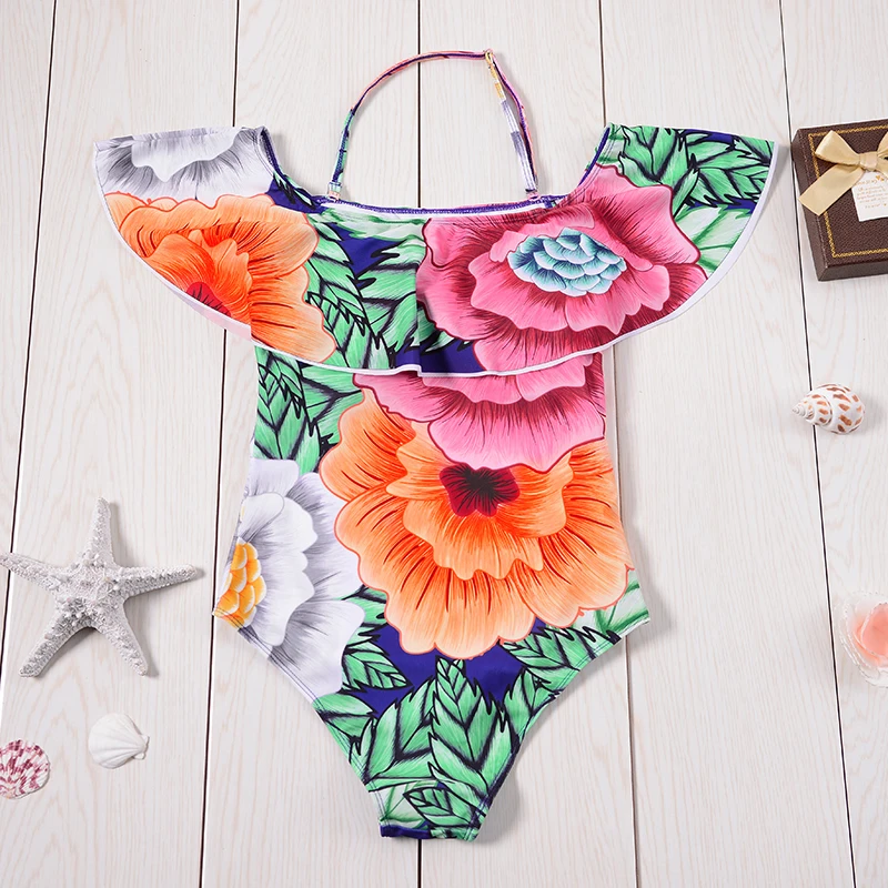 Bandeau Swimsuit Women One Piece Swimwear Ruffles Off Should Monokini High Waist Ladies Tropical Floral Bathing Suit|swimwear ladies|suit suitsuit