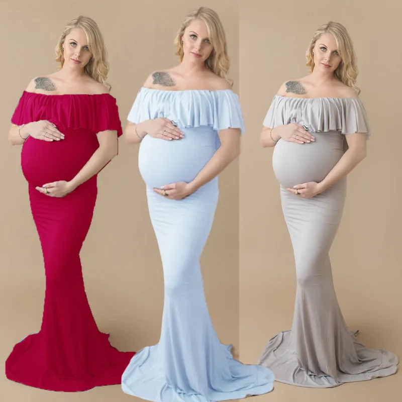Платье макси для беременных стрейч фото платье одно слово воротник Раффлед трейлинг свободные беременных платье материнства фотографии
