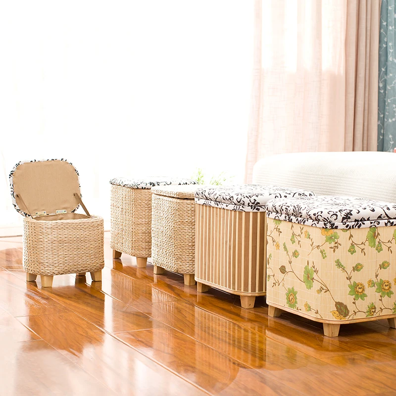 

Rattan straw storage stool Ottoman Foot Stool rectangle Hand Knit Floor Footstool for Living Room Bedroom and under Desk