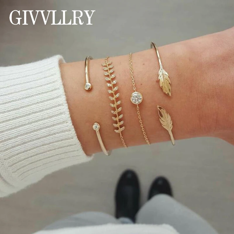 Позолоченные браслеты-манжеты с перьями для женщин, элегантные минималистичные хрустальные стразы в форме листа, браслеты с подвесками, Подарочные ювелирные изделия