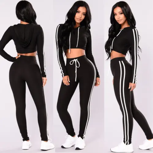 Женский спортивный костюм облегающий топ с капюшоном и штаны 2 шт.|casual suit|pants