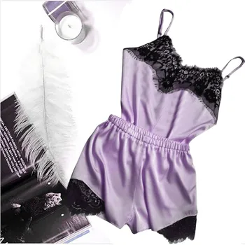

Womens Sexy Satin Sling Sleepwear Lingerie Lace Nightwear Underwear Set Sleepwear Pure Color Pajama Set Shorts Pijama Mujer
