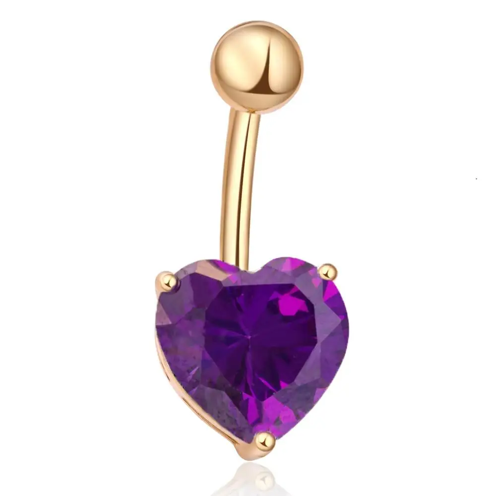 GOLD purple heart Модные пирсинг пупка Циркон Любовь Сердце колокольчик кнопки кольца пупок тело пирсинг украшения для тела для женщин - Окраска металла: GOLD purple heart